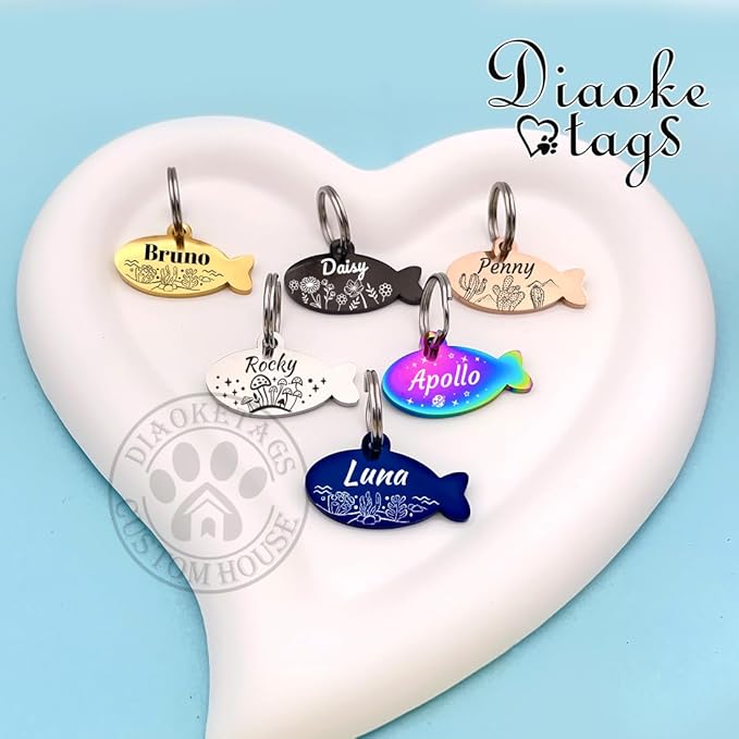 Stainless Steel Cat ID Tag Personalized Pet Tags with up to 4 Lines of Custom Text, Small Pet Mini Dog Cat Tag Lightweight, Engraved on Both Sides, Multiple Patterns Colors Size Options (Oasis)