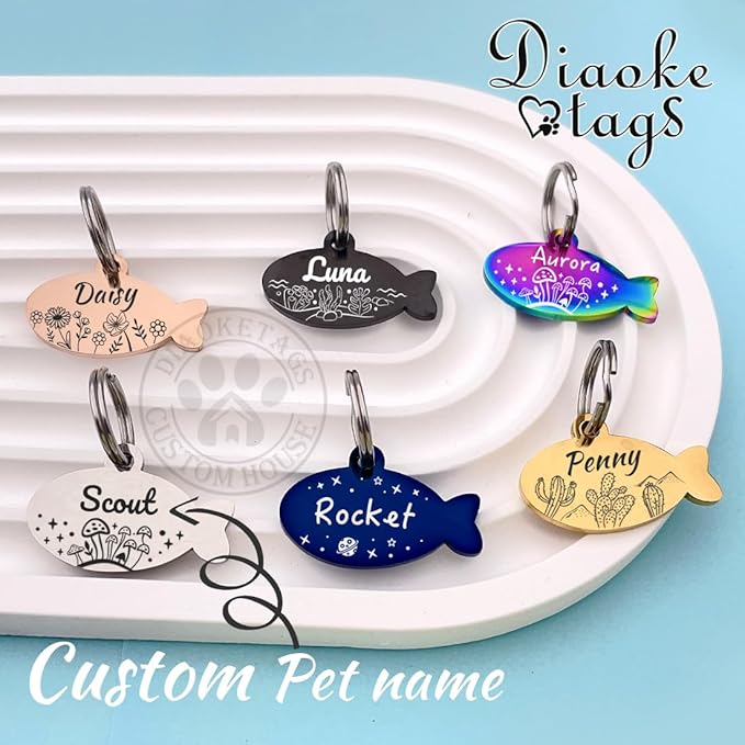 Stainless Steel Cat ID Tag Personalized Pet Tags with up to 4 Lines of Custom Text, Small Pet Mini Dog Cat Tag Lightweight, Engraved on Both Sides, Multiple Patterns Colors Size Options (Benthos)