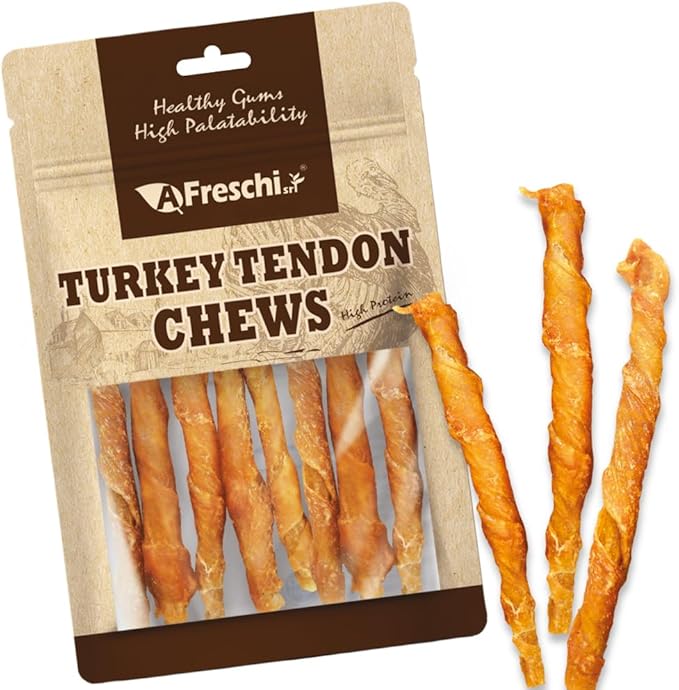 AFreschi Turkey Tendons for Dogs, USA-Sourced, Healthy Dog Treats, Rawhide-Free Puppy Chews, All Natural, Hypoallergenic Dog Treats, Classic Series, Turkey Tendon Wrapped Chicken Stick, 3.5 oz Pack