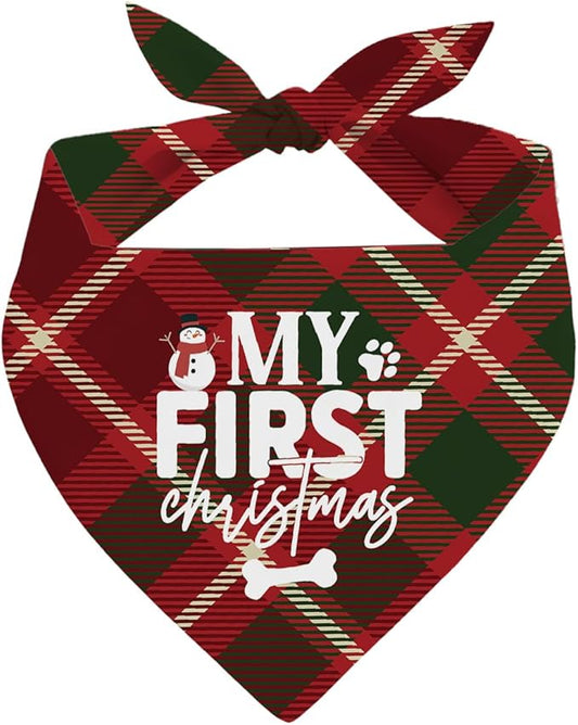 Dog Bandanas, Christmas Dog Bandanas, Red Plaid Dogs Bandana, My First Christmas Pet Triangle Scarf, Holiday Bandana for Small Medium Dogs