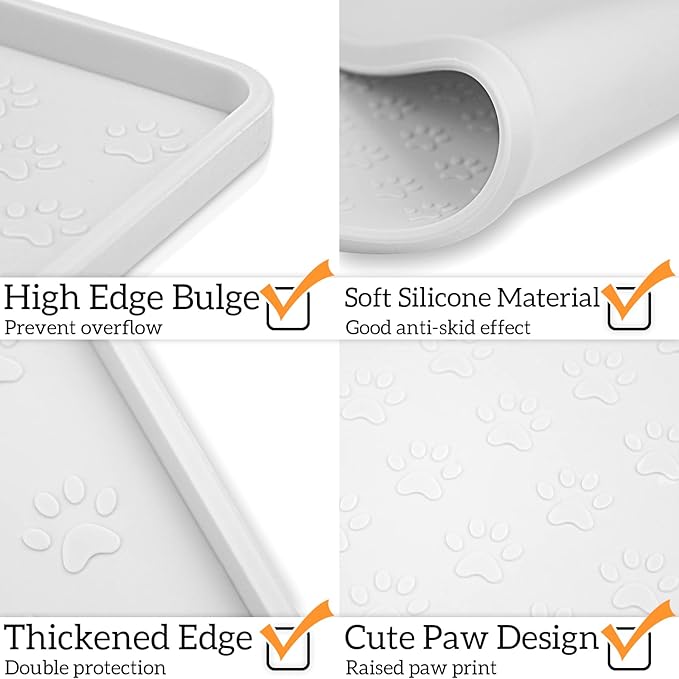 Ptlom Pet Placemat for Dog and Cat, Waterproof Silicone Pet Feeding Bowl Mats for Food and Water, Small Medium Large Dogs Mat Prevent Residues from Spilling to Floor, White, 18" 12"