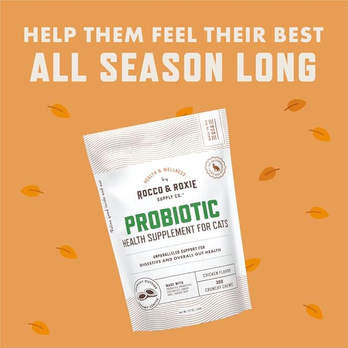 Rocco & Roxie Cat Probiotics, Health Supplement for Cats, Prebiotic & Postbiotic for Digestive + Gut Support, Constipation Relief, Anti Diarrhea, Supplements & Vitamins, Chicken Flavored Crunchy Chews
