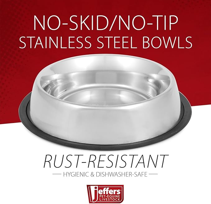 Jeffers No Skid No Tip Stainless Steel Pet Bowls for Dogs & Cats - Non-Slip Food & Water Feeder Dish with Black Rubber Base, Durable Easy to Clean Feeding Bowl for Indoor & Outdoor Use - 1 Quart