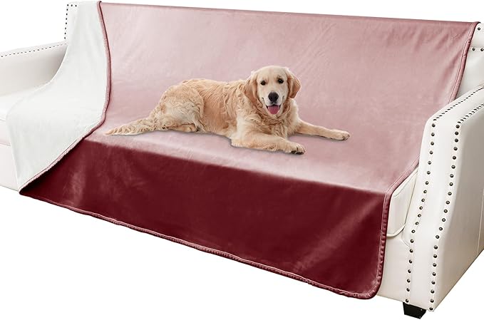 Waterproof Dog Blankets, Washable Pee Proof Pet Blanket for Couch, Soft Reversible Puppy Throw Furniture Protector Cover for Bed Sofa-52"x82",Burgundy Red+Cream