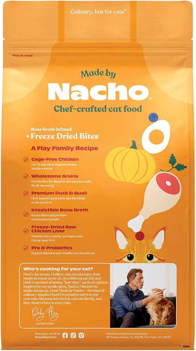 Made by Nacho Dry Cat Kibble 10lb Bag, High Protein Premium Cat Food with Freeze-Dried Pieces, Cage-Free Chicken, Duck & Quail, Limited Ingredients, Single Bag
