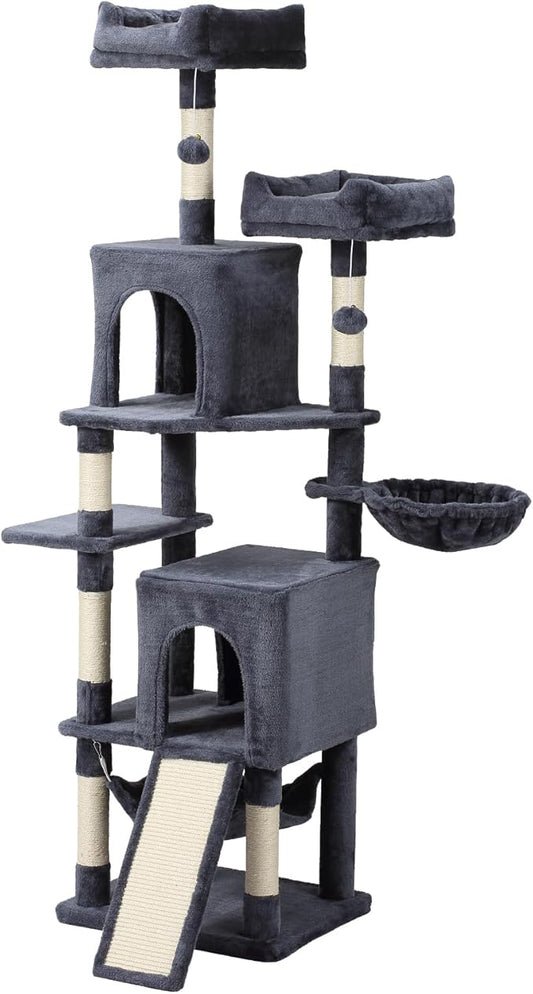 Cat Tree, 70-Inch Cat Tree Tower with Hammock, Scratching Post, Condo and Multi-Level Cat Tower, Large Cat Activity Center Playhouse, Dark Gray LCT015