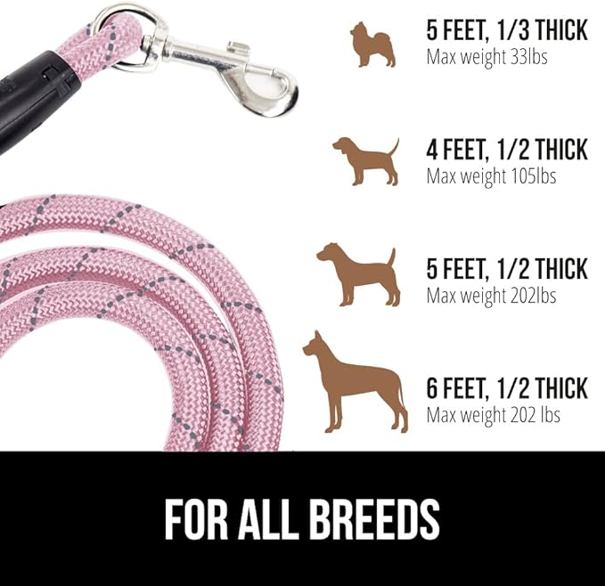 GORILLA GRIP Dog Leash, Heavy Duty Reflective Rope Leashes for Large, Medium, Small Breed Dogs, Puppy Training Essential for Walks, Hikes, Soft Handle, Rotating Metal Clip, Waste Bag Dispenser, Pink