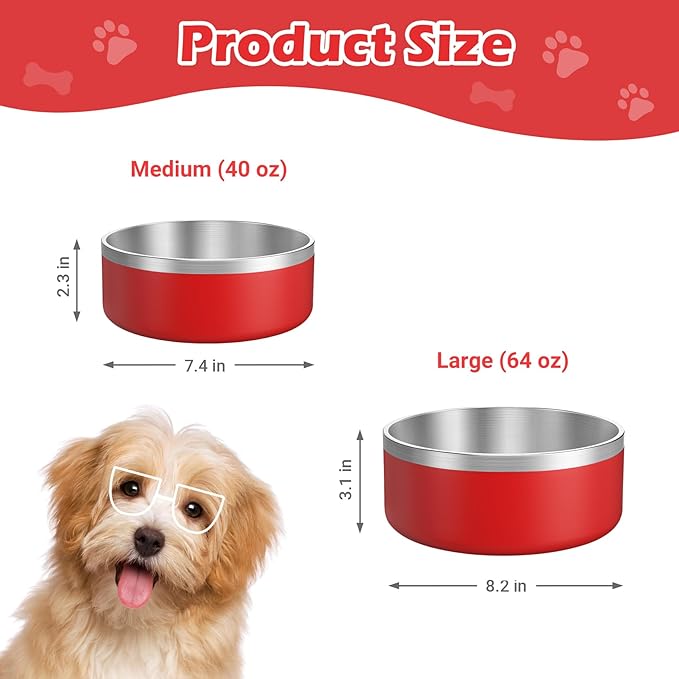 LIANLAI Stainless Steel Dog Bowls, Rust-Resistant Pet Bowls, Non Slip Dog Water Bowl, Versatile Feeding Bowls (Red，64 oz)