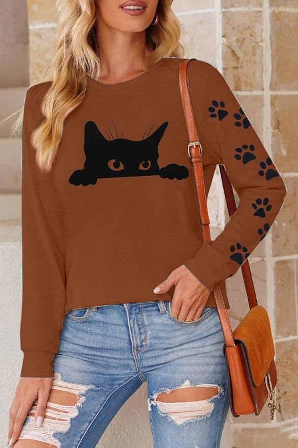 JINTING Cat Shirts for Women - Loose Fit Lightweight Long Sleeve Graphic Tee Fall Printed Crewneck Blouse Casual Tops