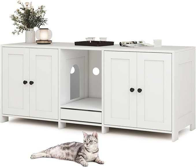 Double Litter Box Enclosure, Hidden Litter Boxes Furniture for 2 Cats, Large Litter Box Cabinet with Cat Feed Station, Cat House, TV Stand, Side Table