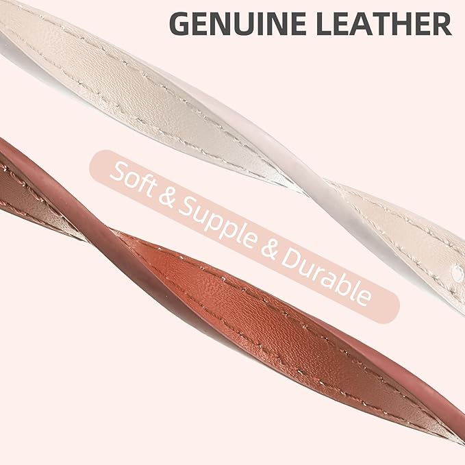 PUPTECK 2 PCS Soft Genuine Leather Cat Kitten Collar with Bells Adjustable for Girl Boy Cats Puppy - Cream, Brown