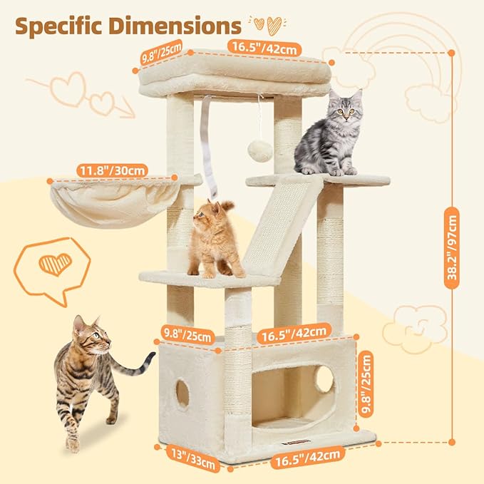 Taoqimiao Cat Tree,38.5-Inch Cat Tower for Indoor Cats,Suitable for Kittens with Luxurious cat condo with Adjustable Baskets and Luxurious Perch Beige MS029SM