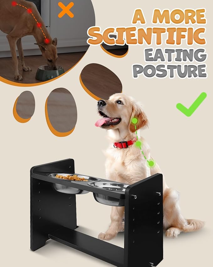 Elevated Dog Bowls, Adjustable Raised Dog Bowl Stand for Medium Size Dogs and Cats, Durable Bamboo Dogs Feeder with 2 Stainless Steel Bowls and Non-Slip Feet, Pet Food Bowl for Medium Sizes