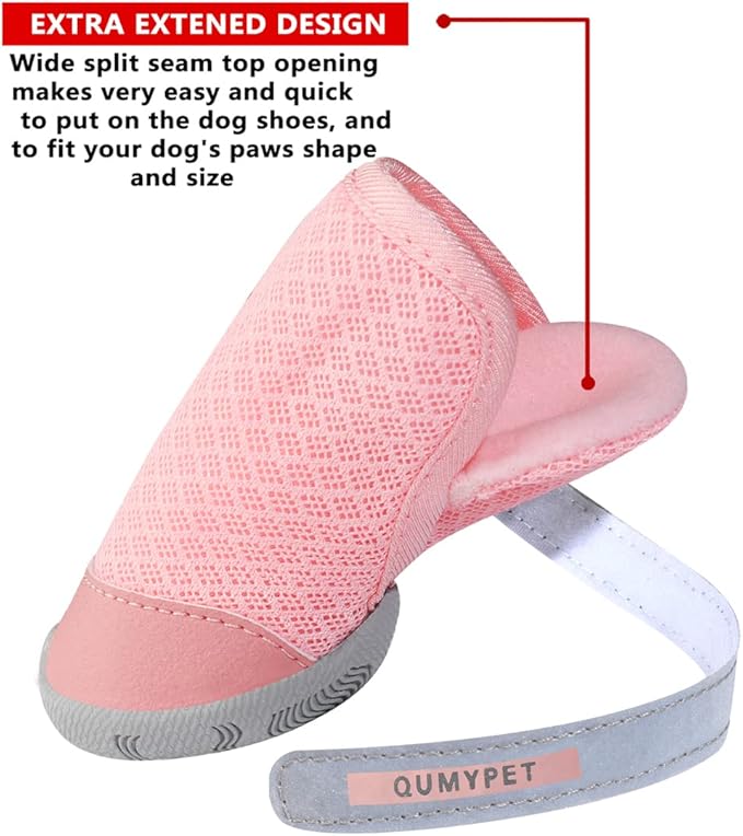 QUMY 4PCS Dog Shoes for Small Dogs, Hot Pavement Summer Puppy Dog Boots & Paw Protectors with Soft Anti-Slip Rubber Sole, Mesh Breathable Dog Booties for Hardfloors, Walking Running Pink Size 5