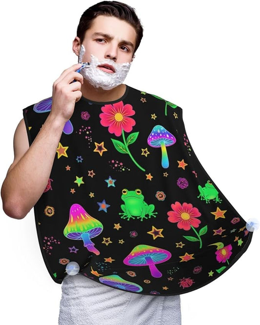 Beard Shaving Cape with Suction Cups, Beautiful Magical Flowers Goth Moon Mushrooms Frogs Shave Bib, Non-Stick Waterproof Hair Catcher, Grooming Bib for Men Husband