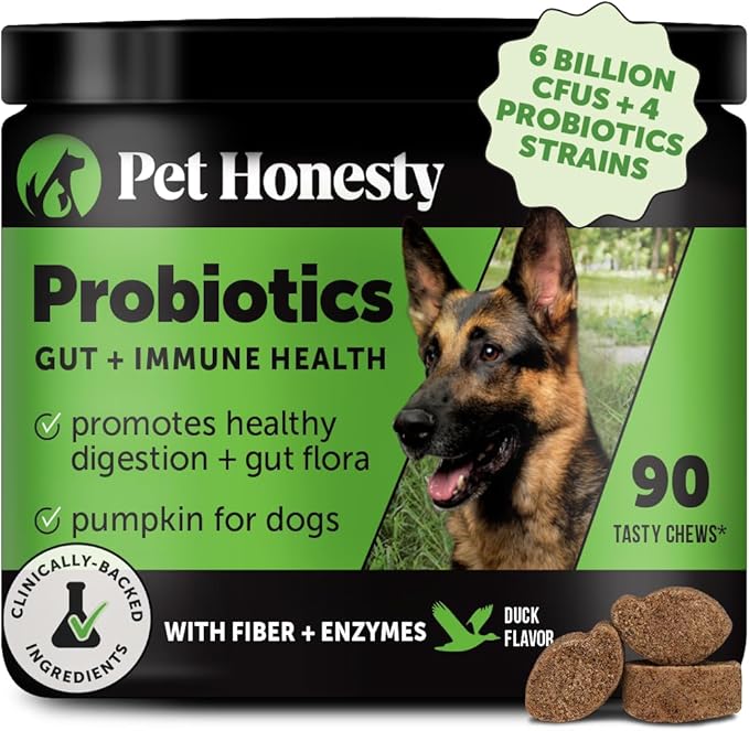 Pet Honesty Probiotics for Dogs - Digestive Enzymes Promotes Gut Health, Dog Probiotics for Bowel Support, Fiber for Regularity, Prebiotics for Immune Health & Gut Flora (Duck, 90 ct)