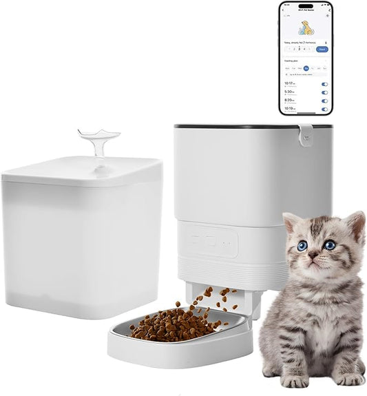 Automatic Cat Feeder, Camera Auto 2 Cats Dispenser 5L Microchip WiFi 2.4G&5G Timed Dual Pet Smart APP Dry Food Self Feeding Container Station (White Set)