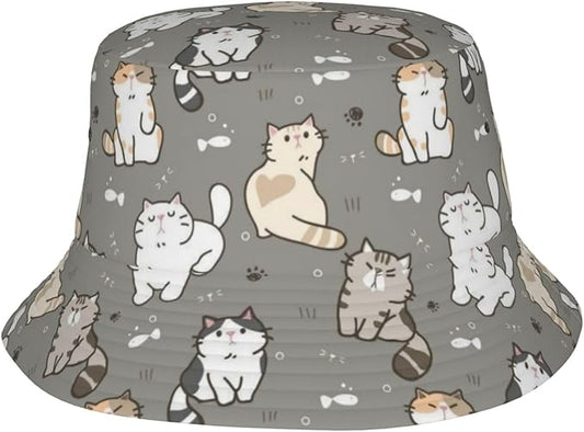 Cute Cat Print Bucket Hat Fisherman Hat Beach Travel Sun Hat Outdoor Cat Cap for Men Women