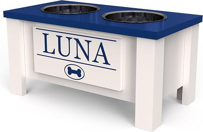 GrooveThis Woodshop - Personalized Elevated Dog Bowl Stand for Large, Medium, Small, X-Small Dogs - Stainless Steel Food and Water Bowls - Raised Dog Dish with Internal Storage (Medium, Blue)