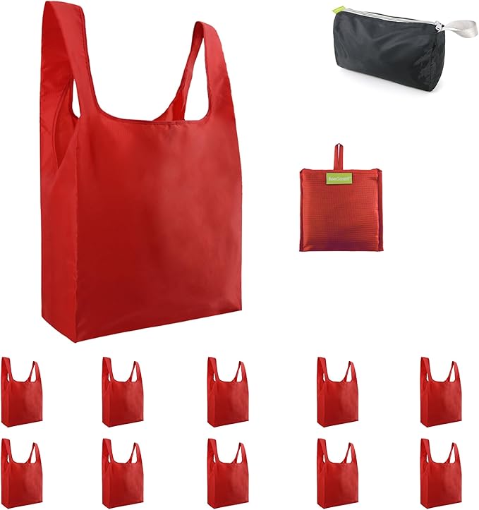 BeeGreen Christmas Red Reusable Grocery Bags with Zipper Storage Pouch 10 Packs Red Reusable Shopping Bags Bulk with Elastic Band Foldable-Machine Washable