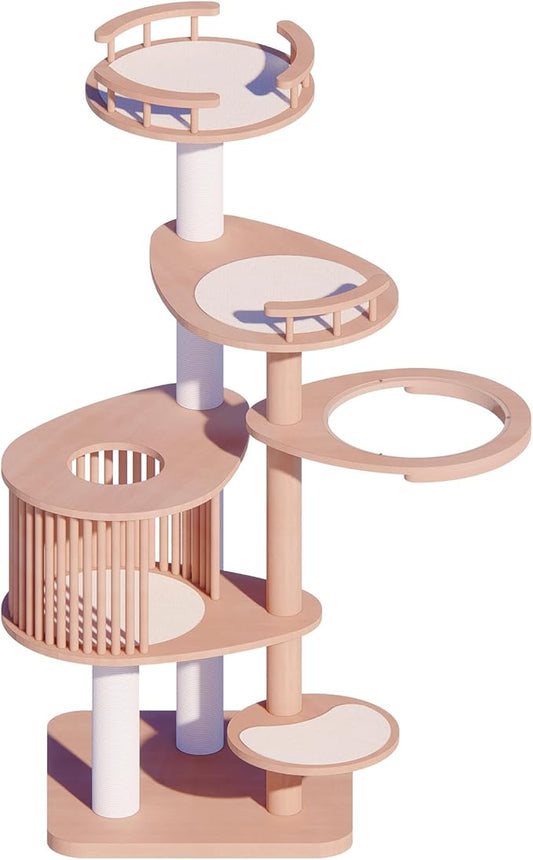 Downpat Cat Tree 61.1" Solid Wood Multi-Level Cat Tower with Condo,Cat Scratching Post,Jumping Space,Furniture Suitable for Cats (with Cat Scratching Mat Pad Anti-Slip Mat)
