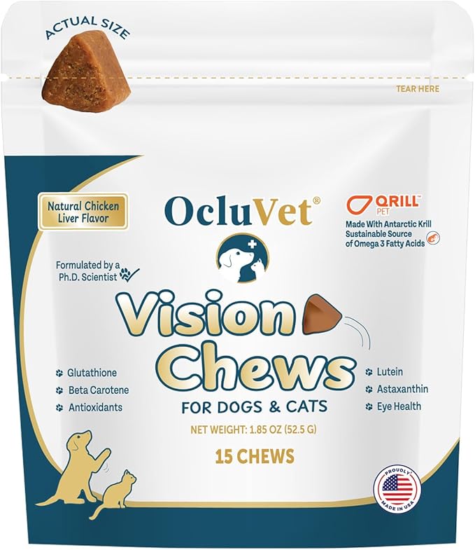 Vision Chews Eye Supplements for Dogs & Cats, Natural Chicken Flavor, Contains Omega 3, Lutein, Antioxidants, & More, Cat & Dog Eye Supplements, No Preservatives, Made in USA, 1 Bag, 15 Chews