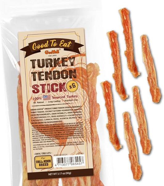 Gootoe Turkey Tendons for Dogs –All-Natural, Hypoallergenic Dog Treats, Rawhide Alternative, Long Lasting Puppy Chews, Healthy Dog Treats for Medium Breeds, Stick (M), 6 Count Pack