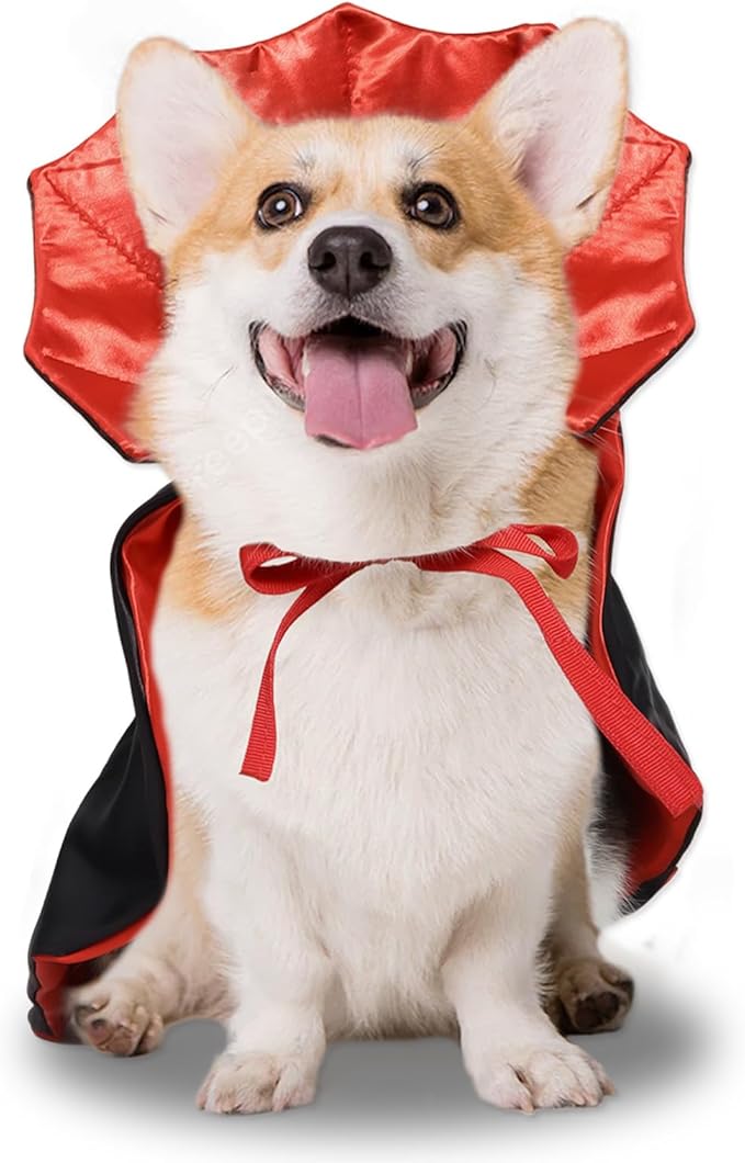 ROSAUI Halloween Pet Vampire Cape – Adjustable Red & Black Costume for Cats & Small Dogs 15.74″ Spooky Cloak with Stand-Up Collar Funny Halloween Pet Outfit (S Size)