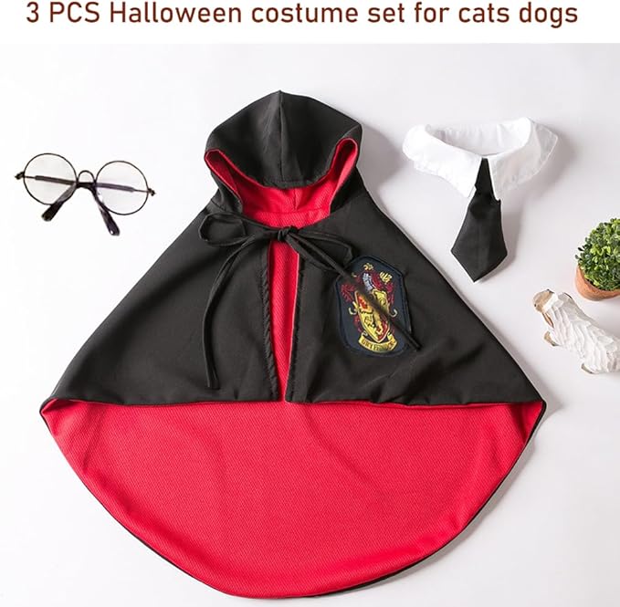 ANIAC 3PCS Halloween Dog Costume Cat Wizard Cape Glasses and Necktie Set Halloween Puppy Outfit Pet Academy Magician Cosplay Apparel for Kitten Cat Small Dogs (Black+Red, Small)