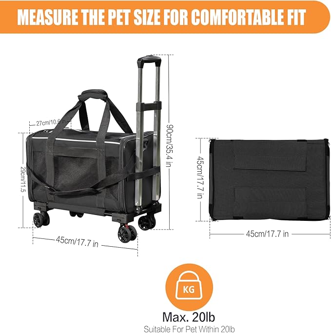 Pet Carrier with Wheels - Soft-Side Wheeled Cat Carrier for Dogs with Telescopic Handle, Collapsible Rolling Pet Travel Bag Carrier for Large Cats Small Medium Dogs for Camping Vet Visiting Black