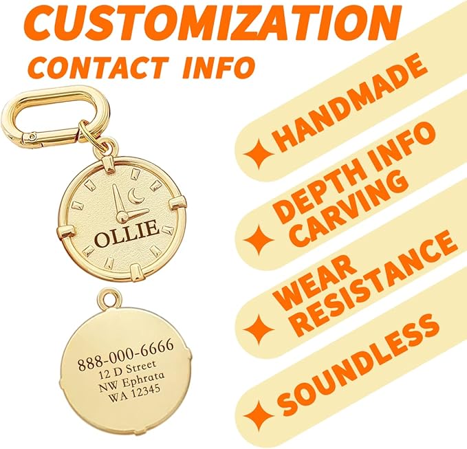 Dogs ID Tags Personalized Double Sided Deep Engraved Cat & Dog Collar Charm Round Shape Frosting Process Silver/Gold Plated (Clock-Gold)