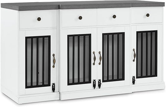 MCombo Wooden Dog Crate Furniture with 4 Drawers and 4 Lockable Doors, Pet Kennel TV Stand for Medium/Large Dogs 1872 (White and Grey)
