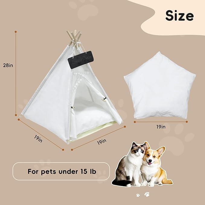 Pet Teepee Tent for Small Dogs or Cats, Protable Puppy Sweet Bed, Dog/Cat House with Thick Washable Cushion(Striped,28in)