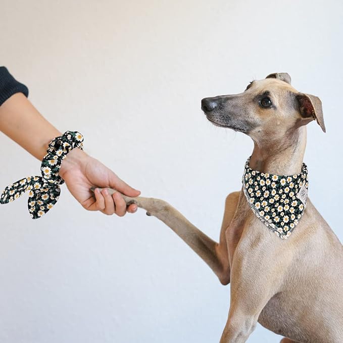E-Clover Dog Bandanas & Matching Scrunchie Set Girl Dog Scarf Bibs with Bow Scrunchie for Medium Large Dogs Pet Owner Gifts Flower Black