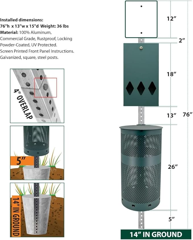 ZERO WASTE USA - Rust Proof Aluminum Dog Waste Station - Free 400 Waste Roll Bags & 25 can Liners - 10-Year Warranty - Over 500k Sold in USA (Green)