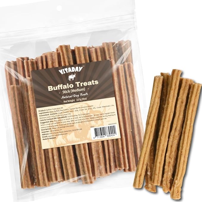 Buffalo Dog Treats Stick (M) 8oz, Natural Low-Fat Chews for Training & Rewards, Limited Ingredient, Perfect for Medium Dogs & Puppies