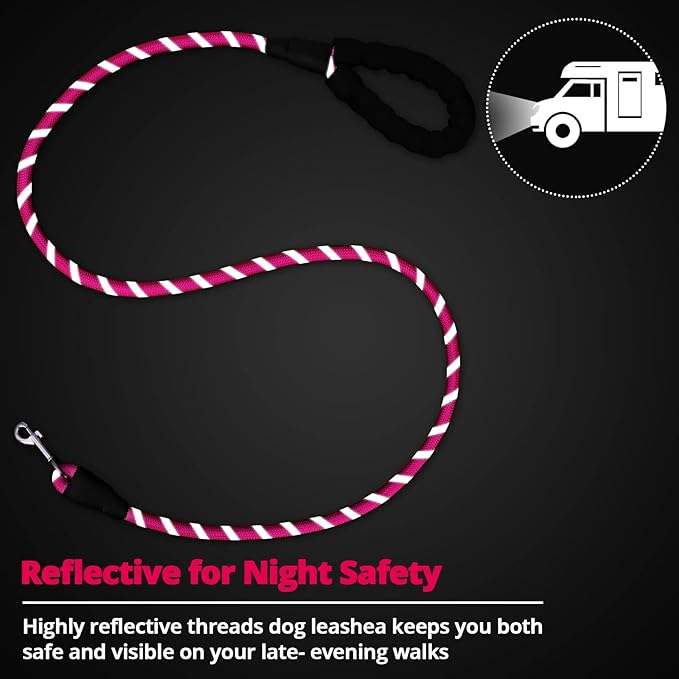 Rope Dog Leash 6 FT: Heavy Duty Leashes with Swivel Lockable Hook Reflective Threads Bungee and Padded Handle - Dog Lead for Large Small Medium Dogs Outside Walking Hiking Pink