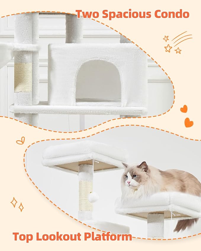 Taoqimiao Cat Tree, 66.2-Inch Cat Tower for Indoor Cats, Plush Multi-Level Cat Condo with 12 Scratching Posts, 2 Perches, 2 Caves, Hammock, 2 Pompoms, Cream White MS013C