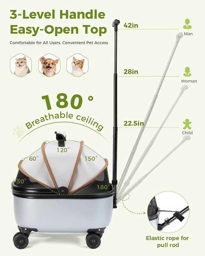 Lekereise Cat Carrier with Wheels (Gray), 180° Wide Open Rolling Cat Carrier for Road Trips, Car Trunk-Fit & Stable Base for Long-Distance Travel, Portable Pet Carrier for Cats Up to 15 lbs