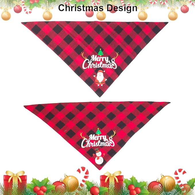 ADOGGYGO 2 Pack Dog Bandana Christmas Classic Plaid Pet Scarf Triangle Bibs Kerchief Merry Christmas Red Santa Snowman Bandana for Medium Large Dogs Pets (Large)