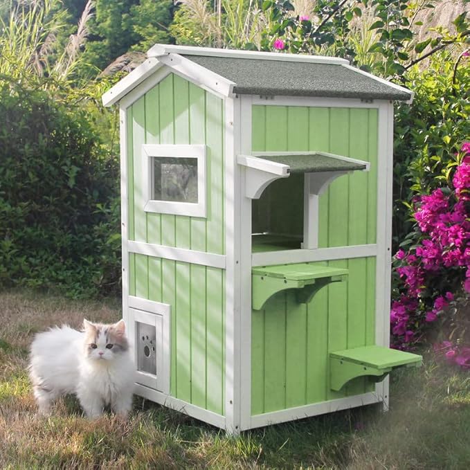 PetsCosset Outdoor Cat House Shelter Weatherproof, Two Story Wooden Outside Feral Cat House with Openable Roof, Escape Door