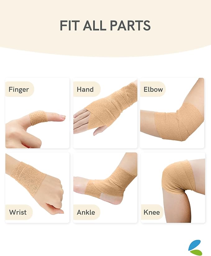 FriCARE Self Adhesive Bandage Wrap, Medical Tape in First Aid Kit, Cohesive Bandages for Wounds Sport Vet, 2 Inches X 5 Yards 6 Rolls, Tan