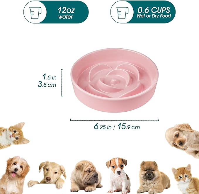 vancasso Slow Feeder Dog Bowl, 0.6 Cups Ceramic Dog Food Dish for Fast Eaters Small Breed, Puzzle Bowl for Small Dogs and Cats, Pink