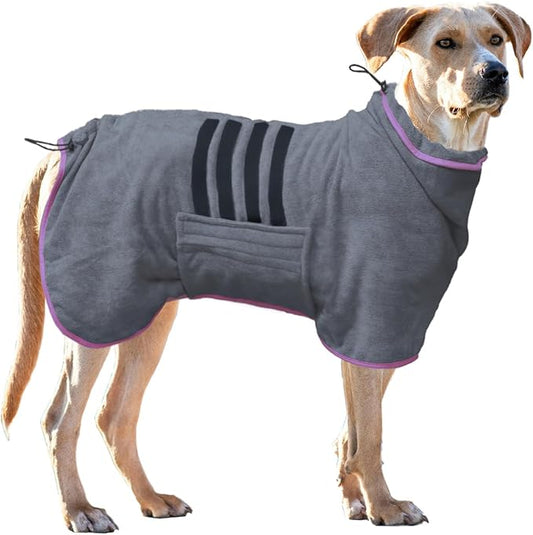 Dog Drying Coat - Fast Drying Dog Bathrobe Towel,Super Absorbent Pet Bath Robe,Microfibre Quick Dry Warm Keeping Robes with Adjustable Collar and Waist (Gray, Large)