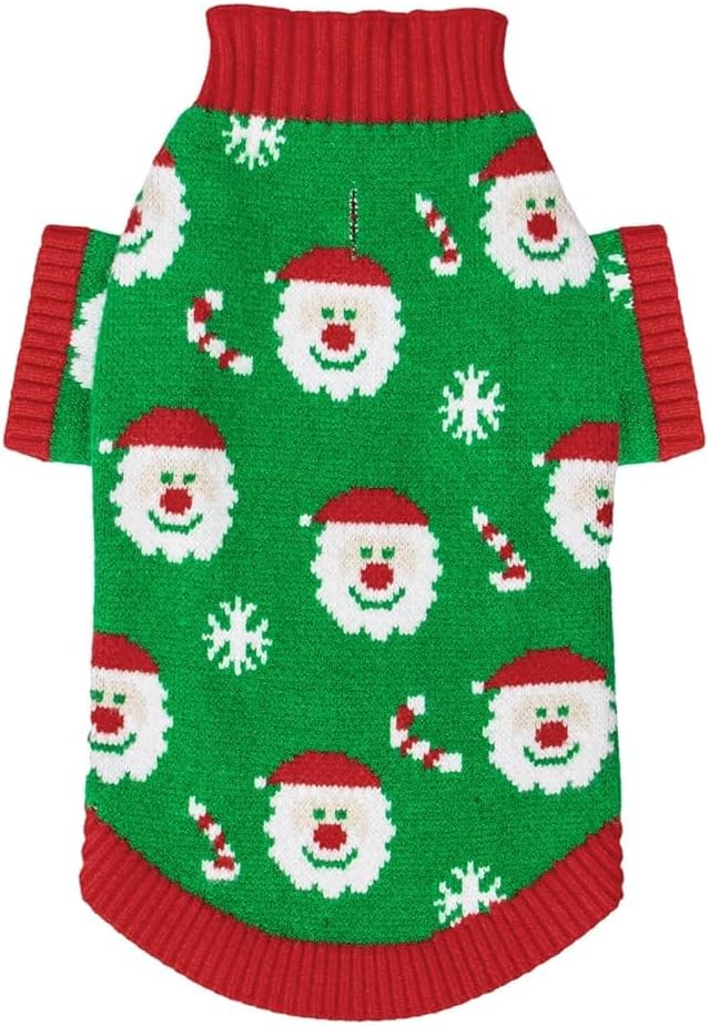 CuteBone Christmas Green Dog Sweater for Small Dogs Santa Claus Knit Turtleneck Pet Winter Clothes Cat Apparel with Harness Hole