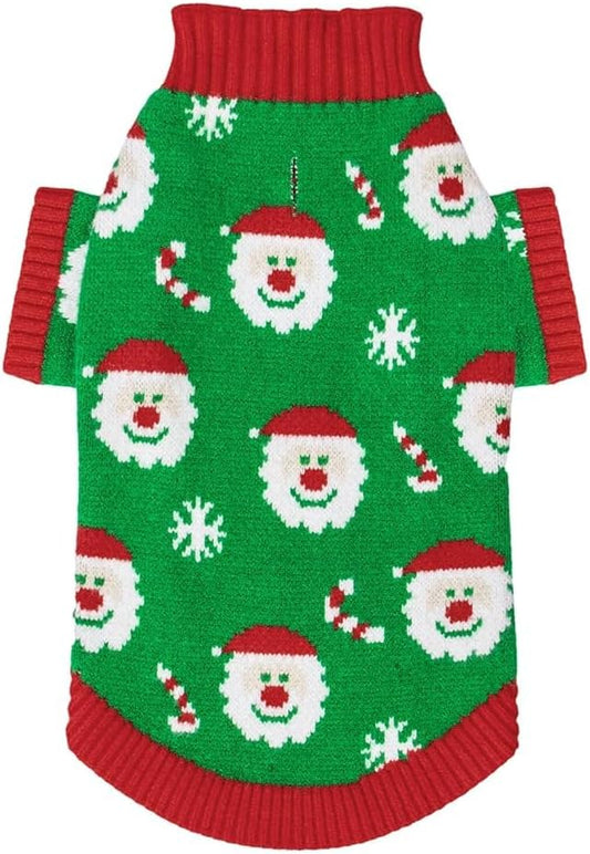 CuteBone Christmas Green Dog Sweater for Small Dogs Santa Claus Knit Turtleneck Pet Winter Clothes Cat Apparel with Harness Hole