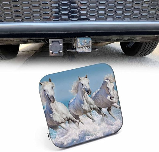 Horse Tow Trailer Hitch Cover Plug Insert - Running Horse Receiver Compatible With Most Auto Cars Trucks for 2 Inch Receivers - White Horses Ocean Sea Design