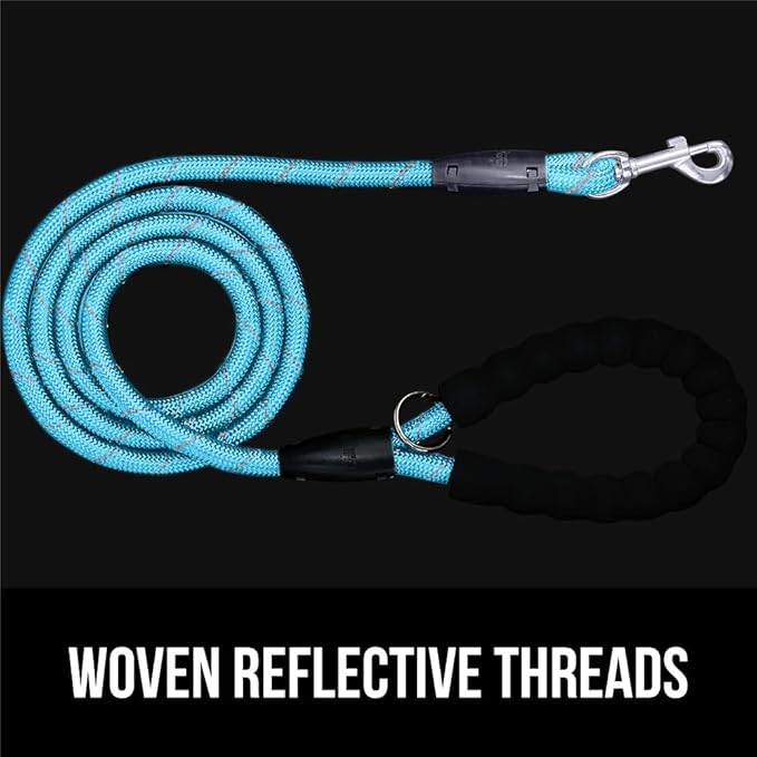 GORILLA GRIP Dog Leash, Heavy Duty Reflective Rope Leashes for Large, Medium, Small Breed Dogs, Puppy Training Essential for Walks, Hikes, Soft Handle, Rotating Metal Clip, Waste Bag Dispenser, Blue