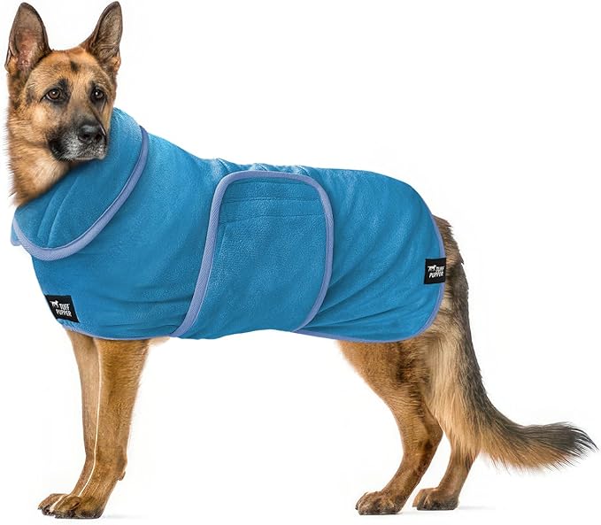 Tuff Pupper Fast Drying Dog Bath Robe | 800 GSM Plush Dog Towel Bathrobe/Dressing Gown | Super Absorbent Pet/Puppy Bathrobe | Adjustable Hood & Belly Strap | Super Soft | Fast Drying (XXXL, Blue)