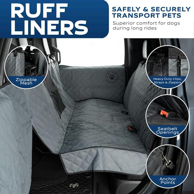 Ruff Liners Large Dog Seat Cover, 2024 Gray – As Seen on Shark Tank – Back Seat Protector for Full-Size Trucks – Waterproof, Machine-Washable, Touch Fasteners & Belt Slots – Heavy-Duty Dog Hammock
